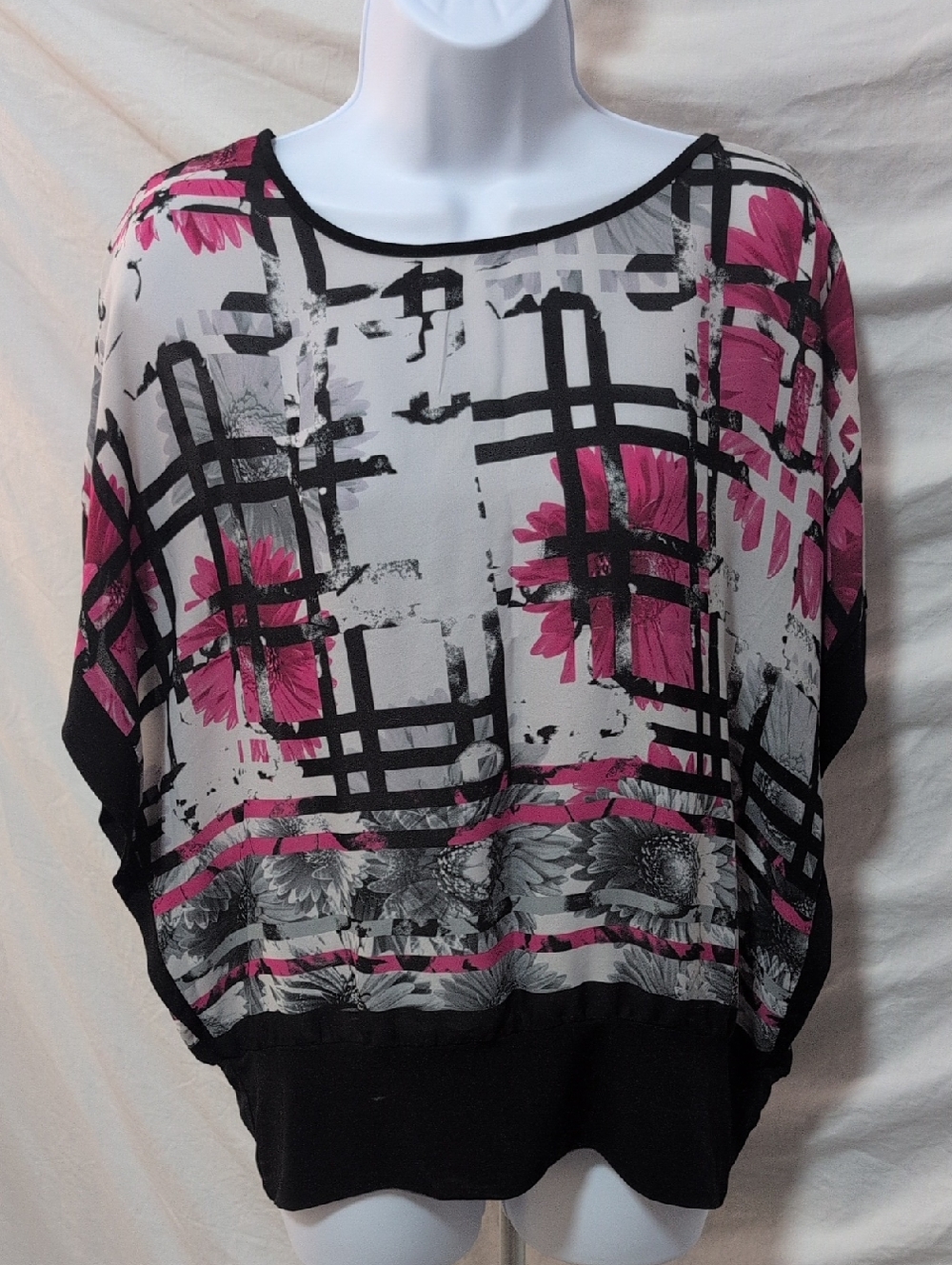 Style & Co. Pink and Black Floral-Grid Dolman Tunic